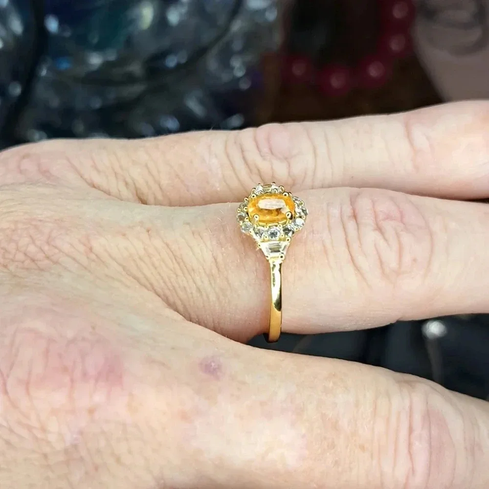 Spessartine Garnet & Natural White Zircon Halo Ring.